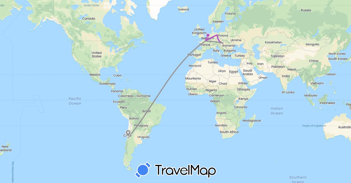 TravelMap itinerary: plane, train in Austria, Chile, Czech Republic, Germany, France, Hungary, Netherlands (Europe, South America)